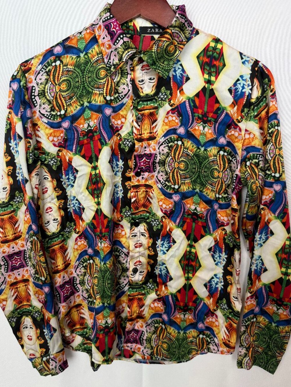 Zara Maximalist Pop Art Face Print Satin Button Down Shirt Top